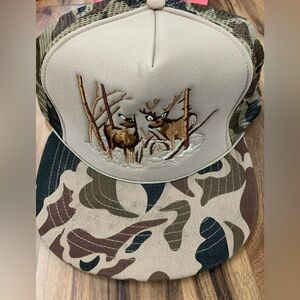 VTG Hunting Hat Snapback Trucker Cap Mens Beige Brown Camo Deer Buck Elk 80s